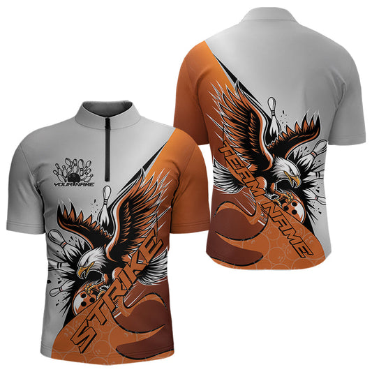 Custom Orange Eagle Bowling Team Men Quarter-Zip Shirts, Eagle Bowling League Shirt Bowlers Outfit IPHW8754