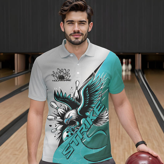 Custom Blue Eagle Bowling Team Men Polo Shirts, Eagle Bowling League Shirt Bowlers Outfit IPHW8755