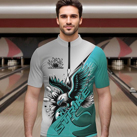 Custom Blue Eagle Bowling Team Men Quarter-Zip Shirts, Eagle Bowling League Shirt Bowlers Outfit IPHW8755