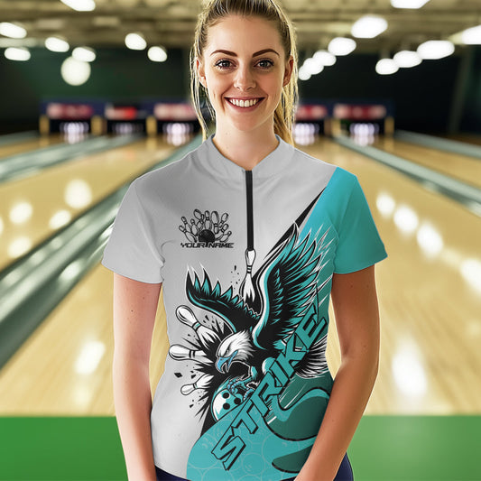 Custom Blue Eagle Bowling Team Women Quarter-Zip Shirt, Bowling Team Shirt Bowlers Outfit IPHW8755