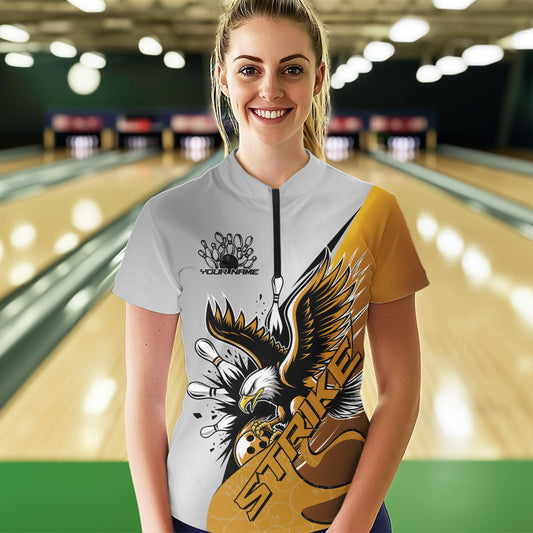 Custom Yellow Eagle Bowling Team Women Quarter-Zip Shirt, Bowling Team Shirt Bowlers Outfit IPHW8757