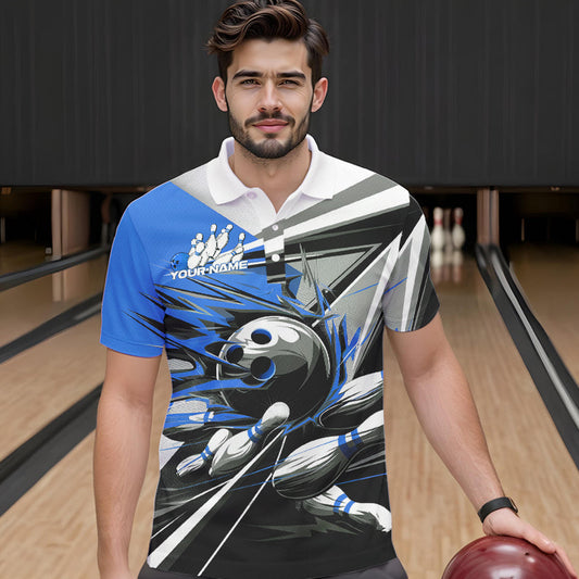 Custom Black And Blue Striking Bowling Polo Shirts For Men, Team Uniform Bowlers Outfits IPHW8765