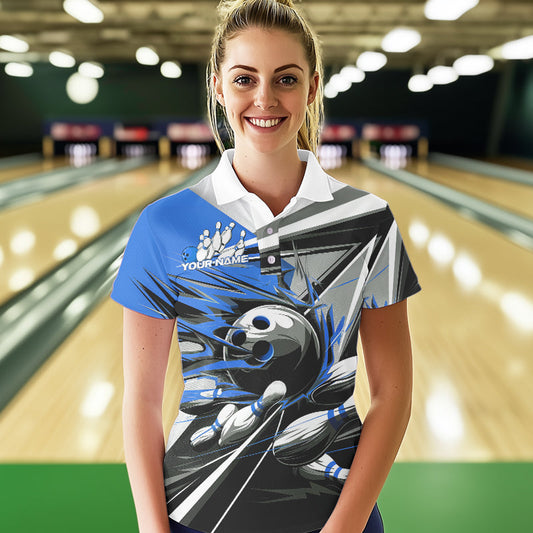 Custom Black And Blue Striking Bowling Polo Shirts For Women, Team Uniform Bowlers Outfits IPHW8765