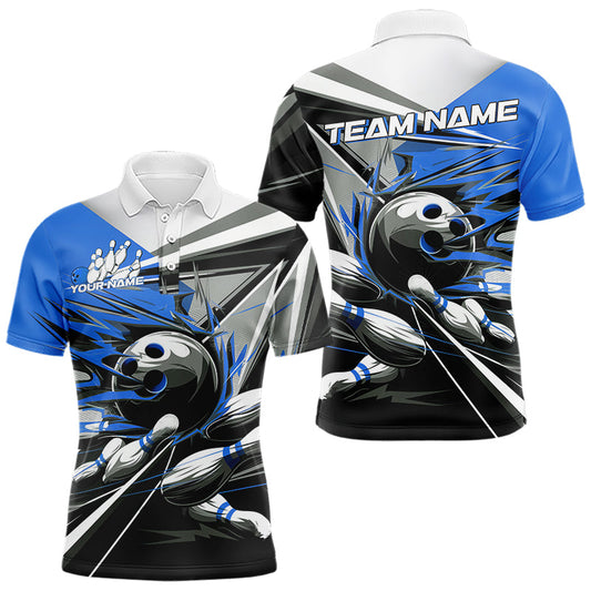 Custom Black And Blue Striking Bowling Polo Shirts For Men, Team Uniform Bowlers Outfits IPHW8765