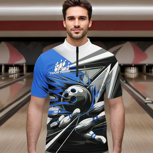 Custom Black And Blue Striking Bowling Quarter-Zip Shirts For Men, Team Uniform Bowlers Outfits IPHW8765