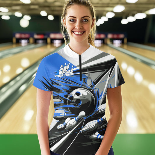 Custom Black And Blue Striking Bowling Womens Quarter-Zip Shirts, Team Bowlers Outfits IPHW8765