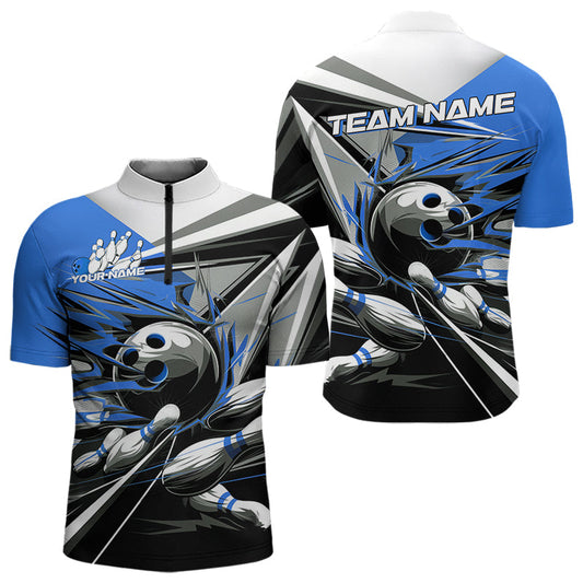 Custom Black And Blue Striking Bowling Quarter-Zip Shirts For Men, Team Uniform Bowlers Outfits IPHW8765