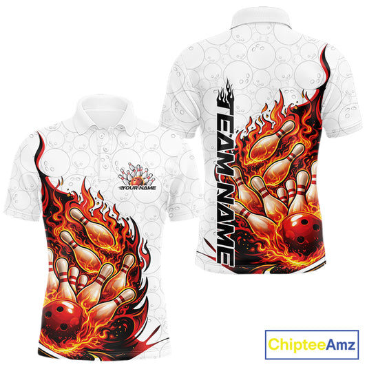 Front and back views of a mens white and red bowling polo featuring a flaming bowling ball crashing into bowling pins.