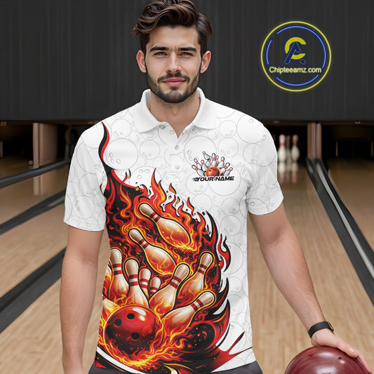 Male model wearing a white and red bowling polo at a bowling alley with fiery bowling graphics and pin artwork.