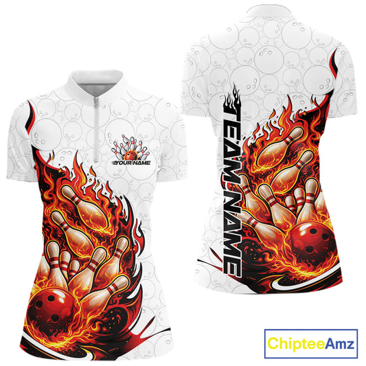 Front and back mockup of womens bowling quarter zip in white and red featuring flaming bowling ball crashing into pins with bold fiery sports artwork.