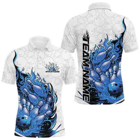 Front and back views of a mens white and blue bowling polo mockup with flaming bowling ball artwork crashing into pins.