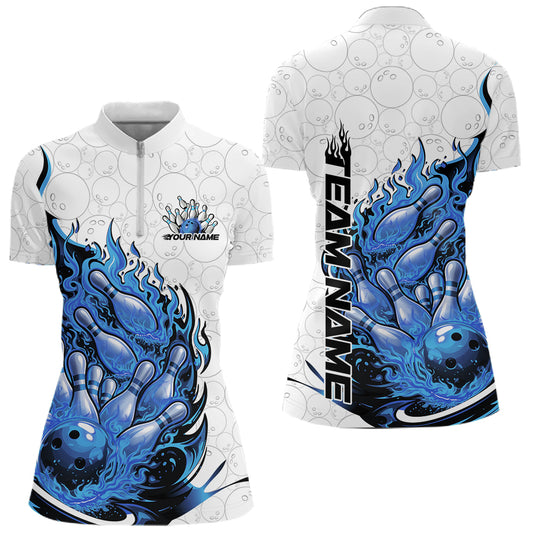 Front and back mockup of womens bowling quarter zip in white and blue featuring flaming bowling ball crashing into pins with vivid fire themed sports artwork.