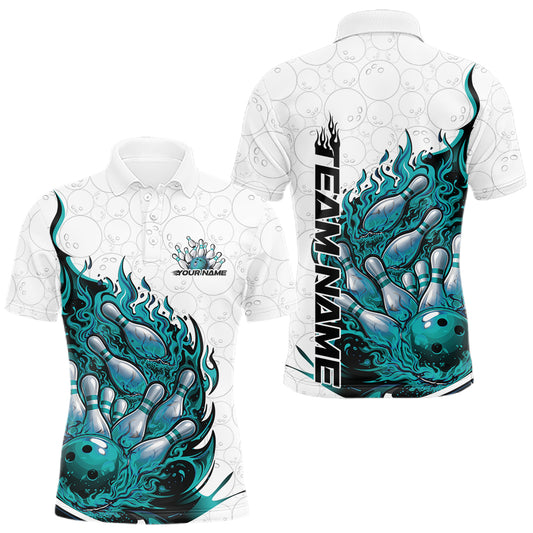 Front and back mens bowling polo mockup in white and turquoise blue with a flaming bowling ball crashing into pins graphic.