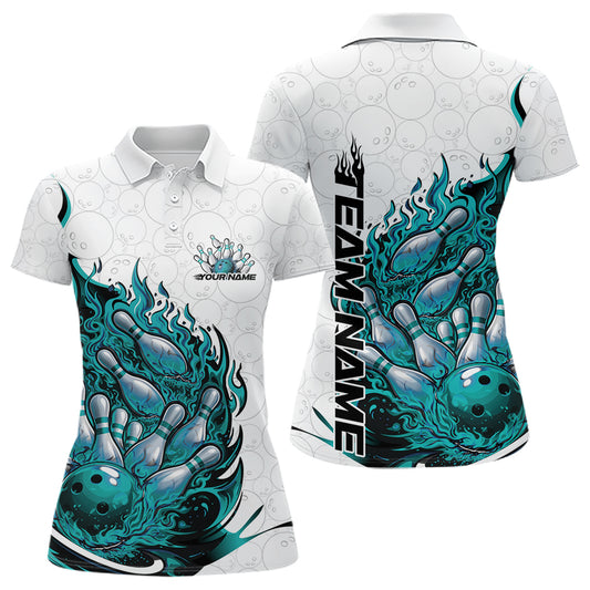 Front and back view women’s polo shirt mockup featuring flaming bowling ball crashing into pins fiery style design on white and turquoise blue fabric