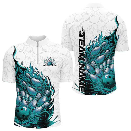 Front and back view men’s quarter-zip bowling shirt mockup featuring flaming bowling ball crashing into pins fiery style on white and green fabric