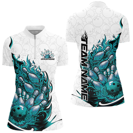 Front and back mockup of womens bowling quarter zip in white and turquoise blue featuring flaming bowling ball crashing into pins with fiery stylized sports artwork.
