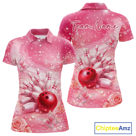 Front and back view of a women’s polo shirt featuring flaming bowling ball crashing into pins purple fiery theme artwork