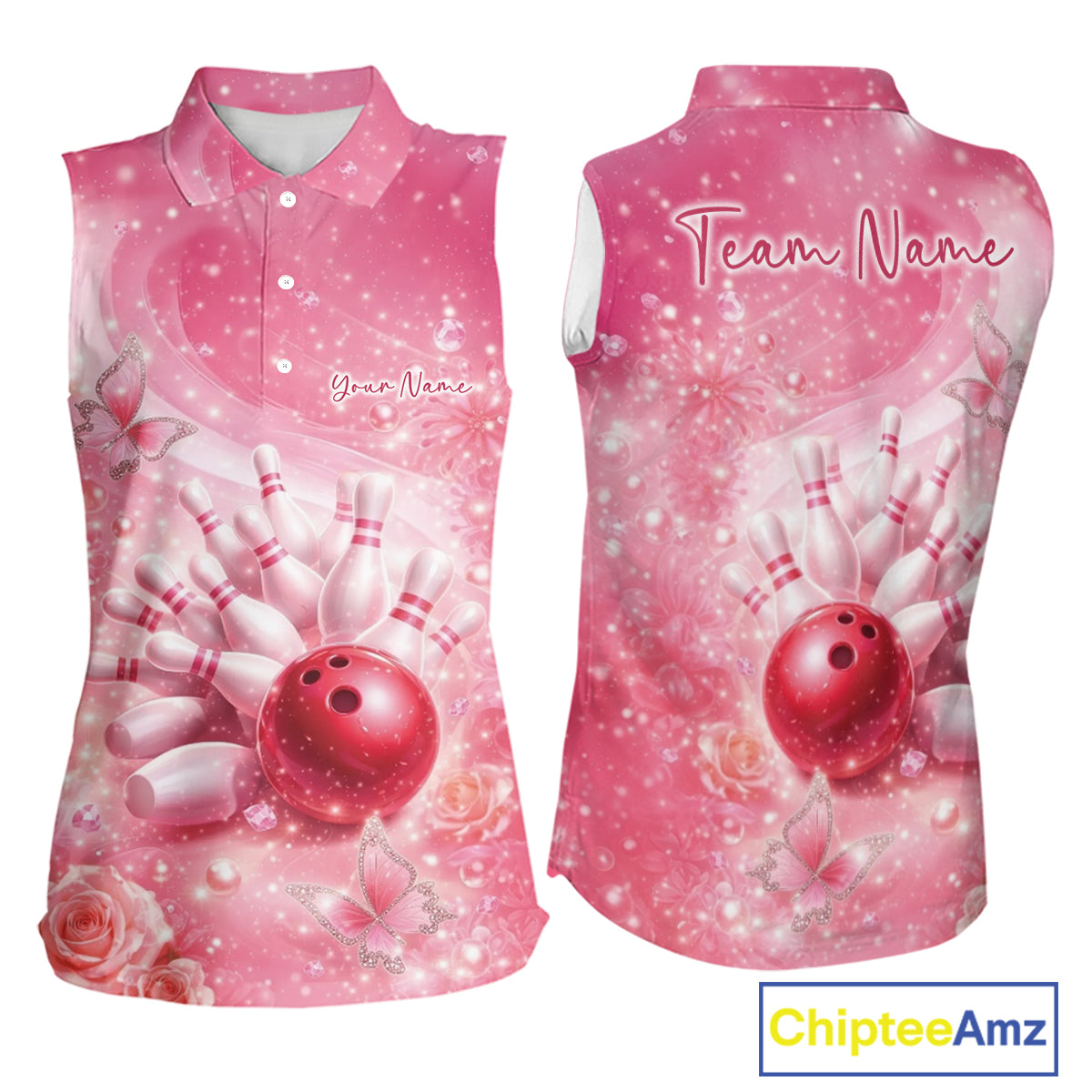 Front and back view of a women’s sleeveless bowling shirt featuring a pink bowling ball striking pins with butterflies and sparkling diamond accents.