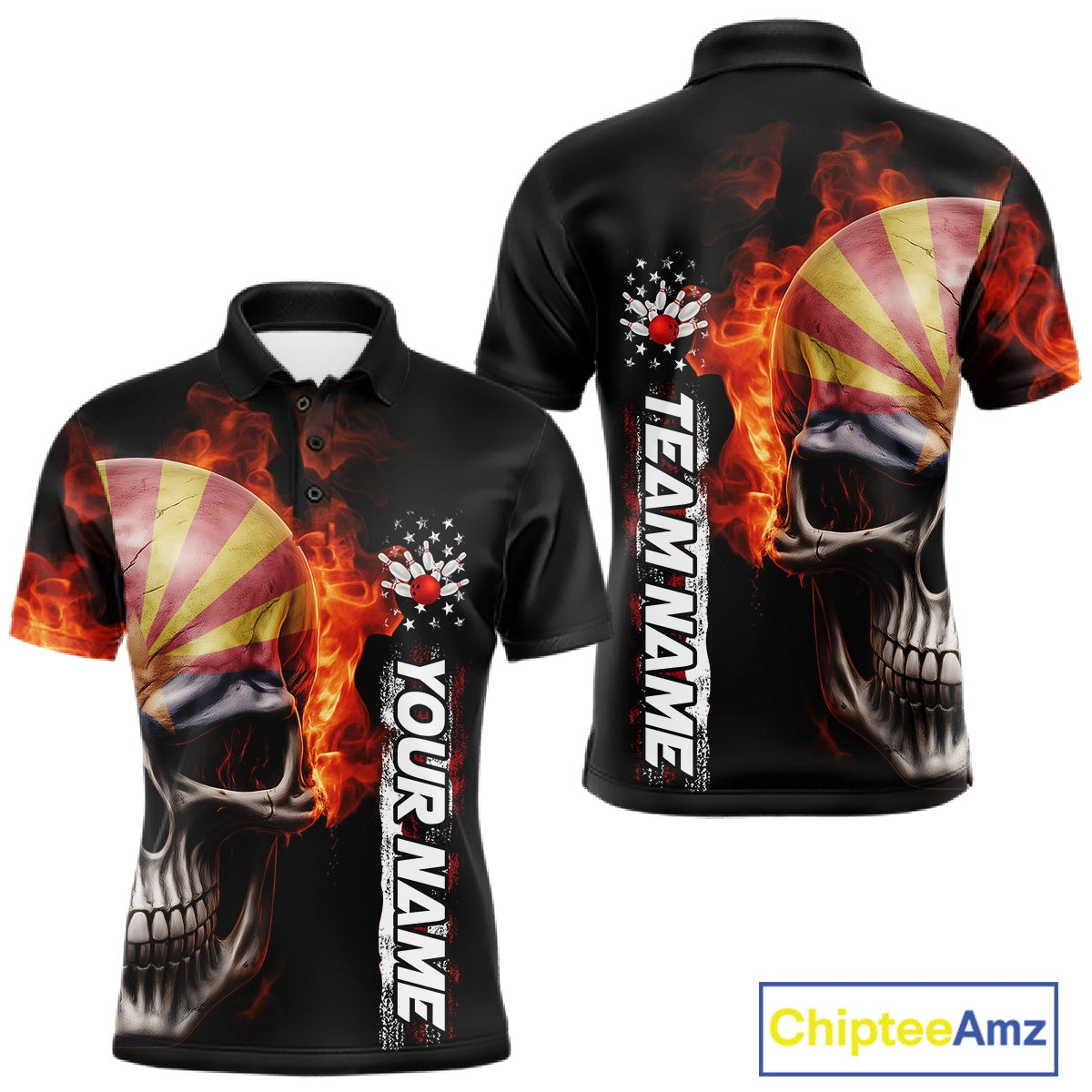 Custom Flame Skull American Arizona Flag Men Bowling Team Shirt, Patriotic Bowling Jersey IPHW10638