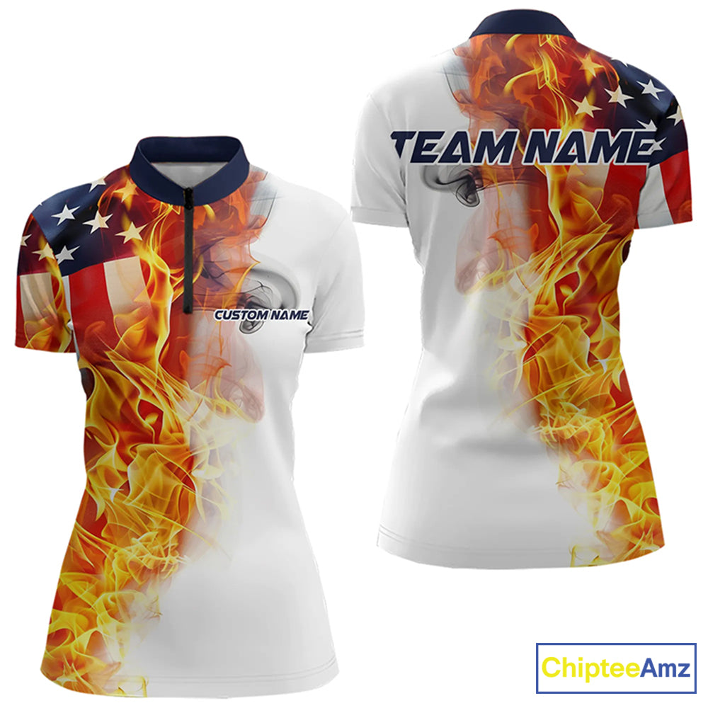 Flame American Flag Custom Quarter-Zip Shirts For Women, Patriotic Bowling Team Jersey IPHW5984