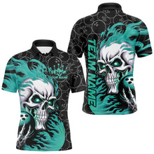 Load image into Gallery viewer, Custom Black And Blue Flame Skull Bowling Men Polo Shirts, Skull Halloween Bowling Outfit IPHW8776