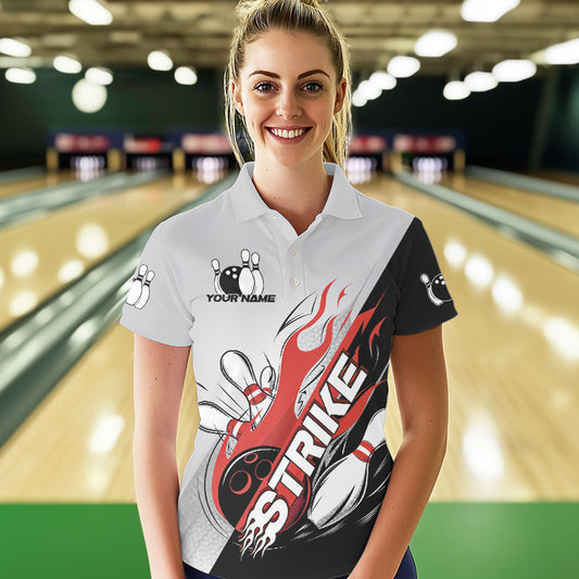Custom Red Flame Strike Bowling Women Polo Shirts, Team Uniform Bowling League Shirt IPHW8780
