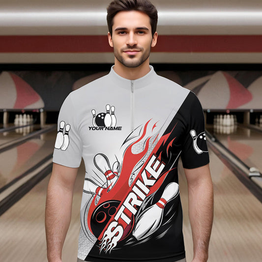 Custom Red Flame Strike Bowling Men Quarter-Zip Shirts, Bowling Team Uniform Bowling League Shirt IPHW8780