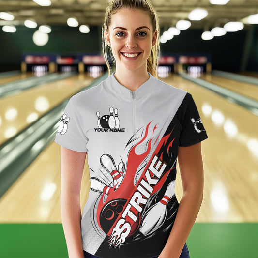 Custom Red Flame Strike Bowling Women Quarter-Zip Shirts, Team Uniform Bowling League Shirt IPHW8780