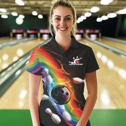 Custom Colorful Rainbow Flame Bowling Team Polo Shirts For Women, Bowling Tournament Outfit IPHW8783
