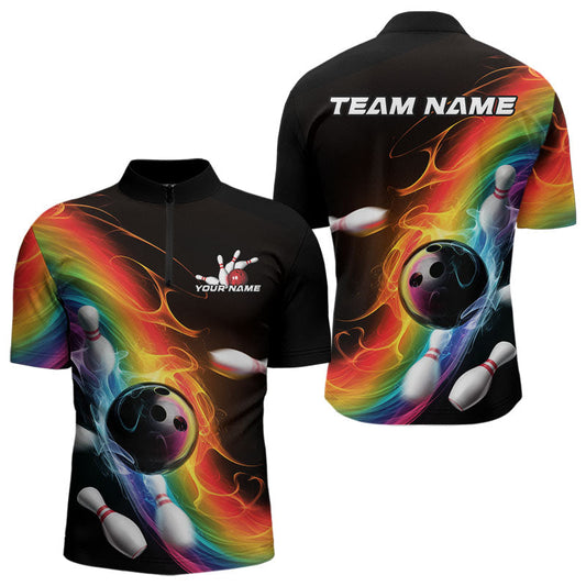 Custom Colorful Rainbow Flame Bowling Team Quarter-Zip Shirts For Men, Bowling Tournament Outfits IPHW8783