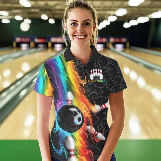 Custom Colorful Rainbow Flame Bowling Team Polo Shirts For Women, Bowling Tournament Outfit IPHW8784