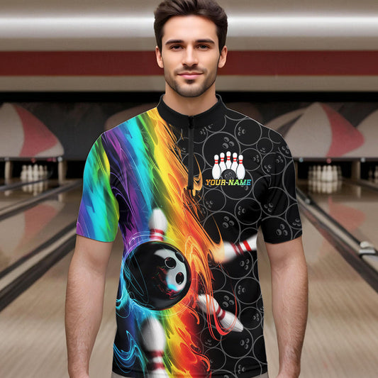 Custom Colorful Rainbow Flame Bowling Team Quarter-Zip Shirts For Men, Bowling Tournament Outfits IPHW8784