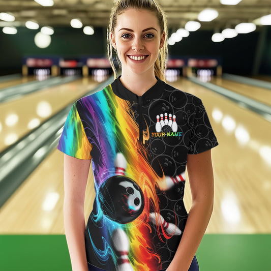 Custom Colorful Rainbow Flame Bowling Team Quarter-Zip Shirts For Women, Bowlers Outfits IPHW8784