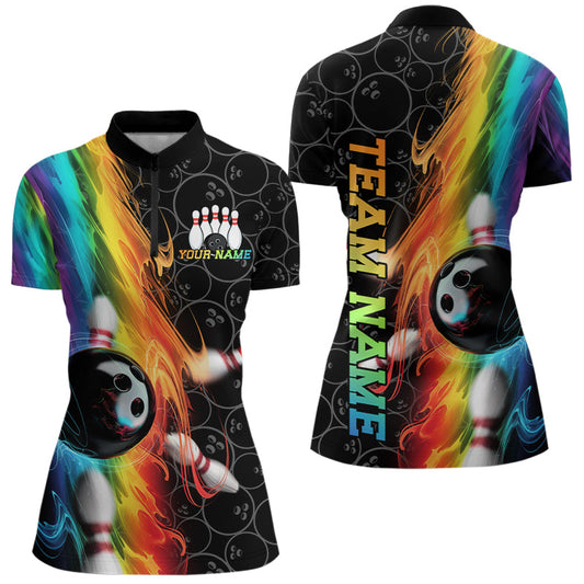 Custom Colorful Rainbow Flame Bowling Team Quarter-Zip Shirts For Women, Bowlers Outfits IPHW8784