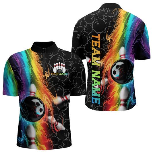 Custom Colorful Rainbow Flame Bowling Team Quarter-Zip Shirts For Men, Bowling Tournament Outfits IPHW8784