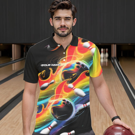 Custom Rainbow Flame Bowling Team Polo Shirts For Men, Colorful Bowling League Shirt IPHW8786