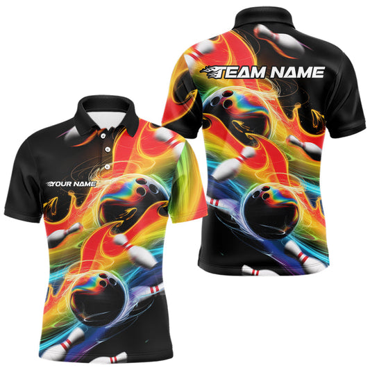 Custom Rainbow Flame Bowling Team Polo Shirts For Men, Colorful Bowling League Shirt IPHW8786