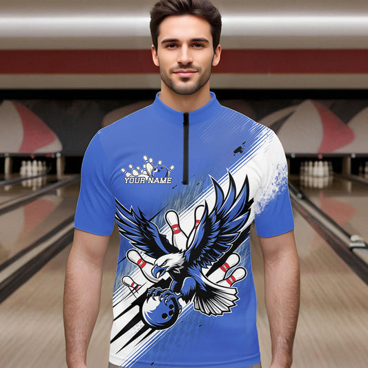 Custom Blue Eagle Bowling Jerseys, Eagle Bowling Men Quarter-Zip Shirts Team Uniform Bowlers Outfit IPHW8789