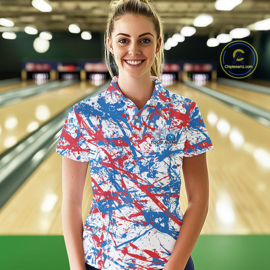Custom Red, White And Blue Splatter Patriotic Bowling Polo Team Shirts For Women IPHW9263