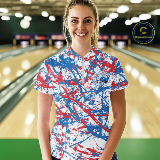 Custom Red, White And Blue Splatter Patriotic Bowling Quarter-Zip Team Shirts For Women IPHW9263