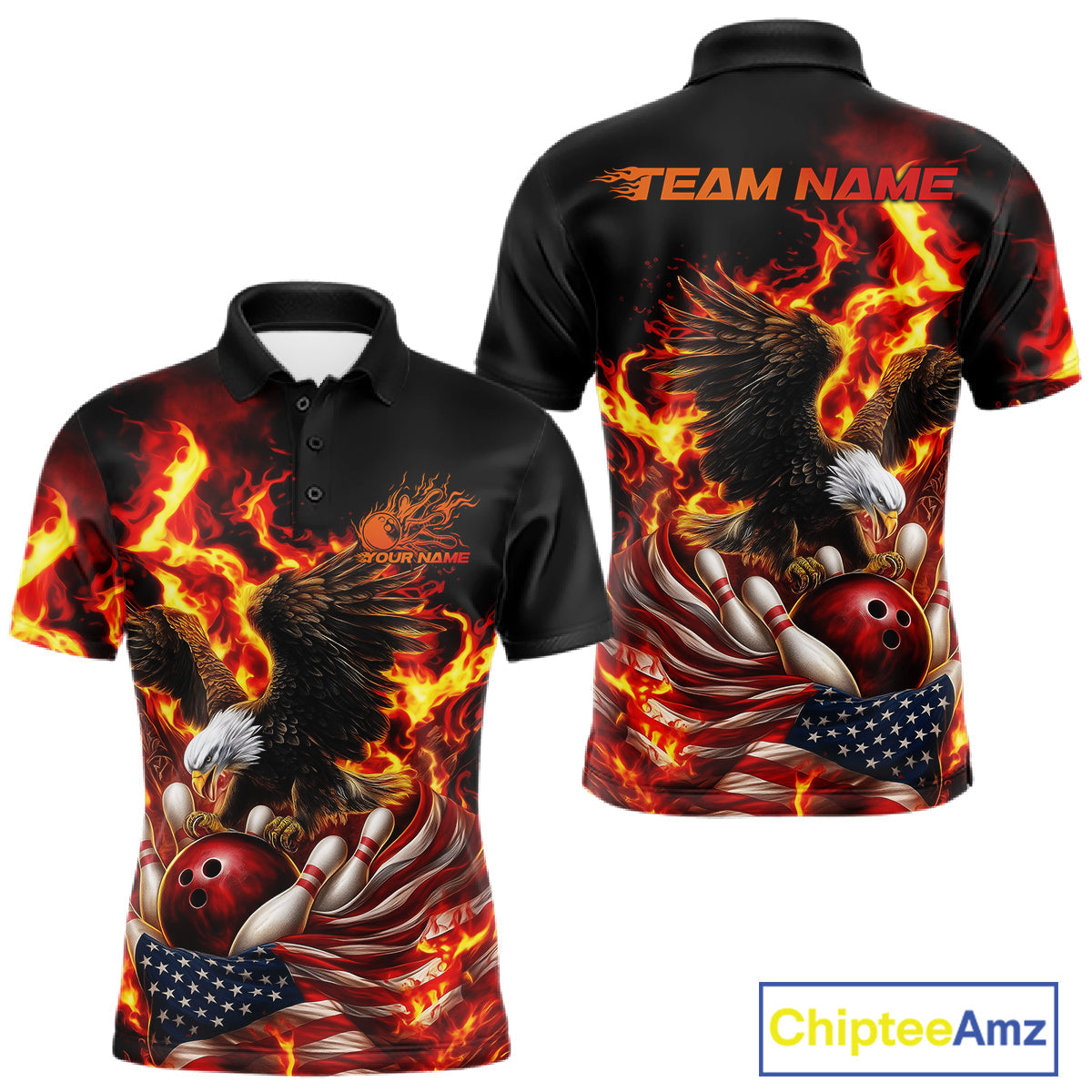 Custom Patriotic Fire Flame Eagle Men Bowling Team Shirt, Firefighter Bowling Shirt IPHW10201