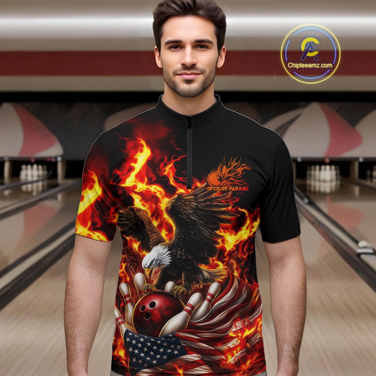 Custom Patriotic Fire Flame Eagle Men Bowling Team Shirt, Firefighter Bowling Shirt IPHW10201