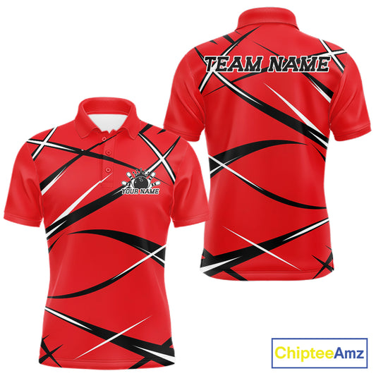 Front and back view of a men s bowling polo shirt mockup showcasing a red, black, and white performance jersey style