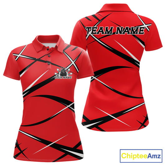 Front and back view of a women s bowling polo shirt mockup featuring a red, black, and white athletic jersey pattern