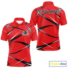 Load image into Gallery viewer, Front and back view of a men s bowling polo shirt mockup showcasing a red, black, and white performance jersey style