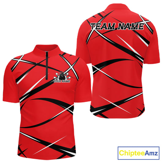 Front and back mockup of a men's quarter zip bowling shirt in red, black, and white with a custom name.
