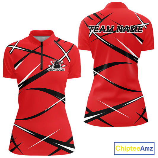 Front and back view of a women s bowling quarter zip shirt mockup with a red, black, and white sporty bowling jersey design