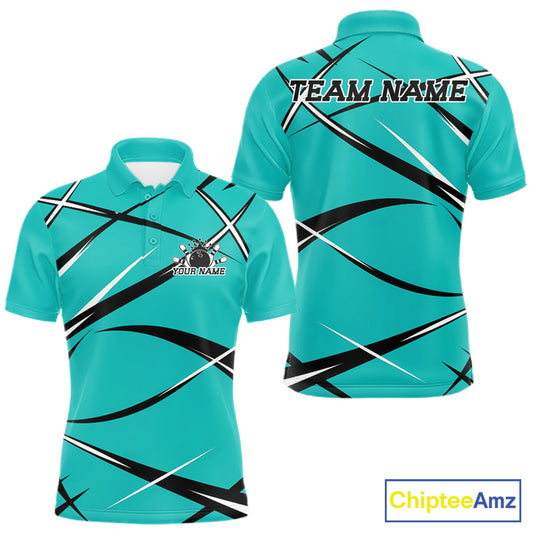 Men's bowling polo shirt mockup featuring front and back views, custom name, and turquoise blue, black, and white jersey design
