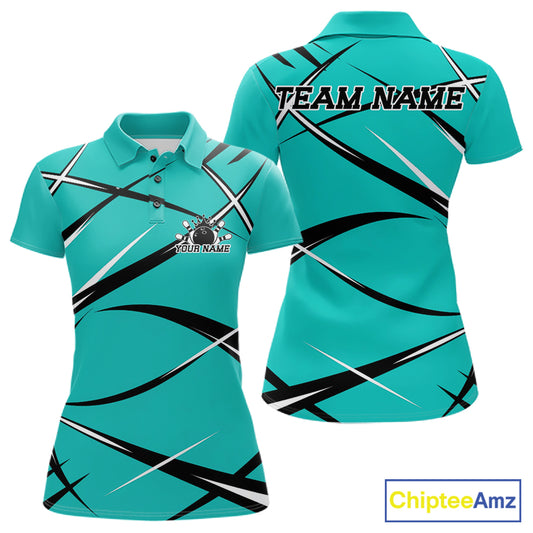 Women's bowling polo shirt mockup showing front and back views with a custom name and turquoise blue, black, and white jersey pattern
