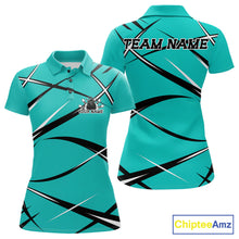Load image into Gallery viewer, Women's bowling polo shirt mockup showing front and back views with a custom name and turquoise blue, black, and white jersey pattern

